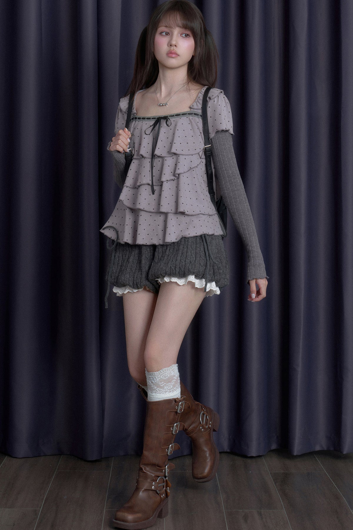 Long-Sleeved Gray-Purple Cake-Style Knit Top