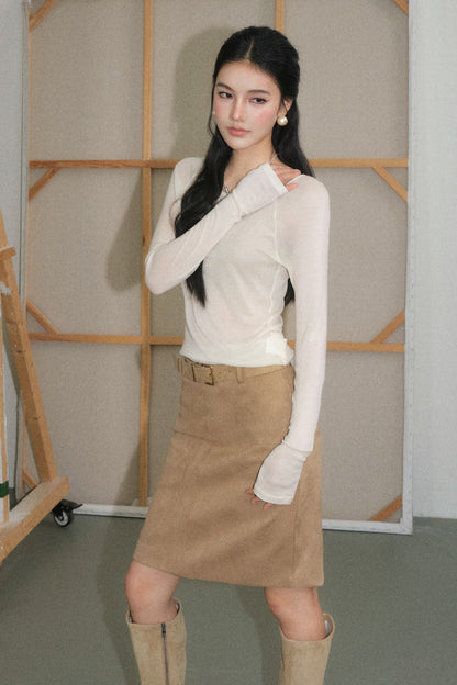Off-White Lyocell Semi-Sheer Long-Sleeve Top and Skirt Set-Up