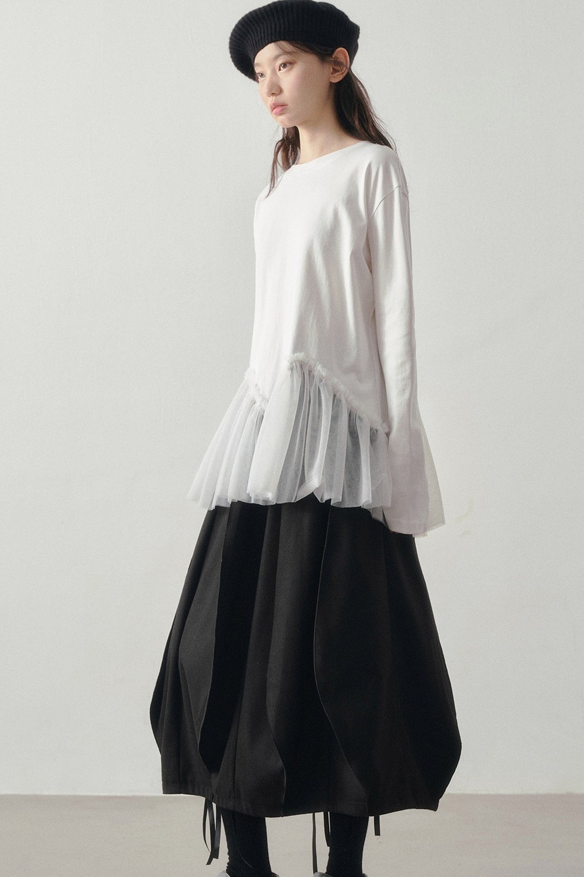 Wavy Hem Mesh Long Sleeve Top