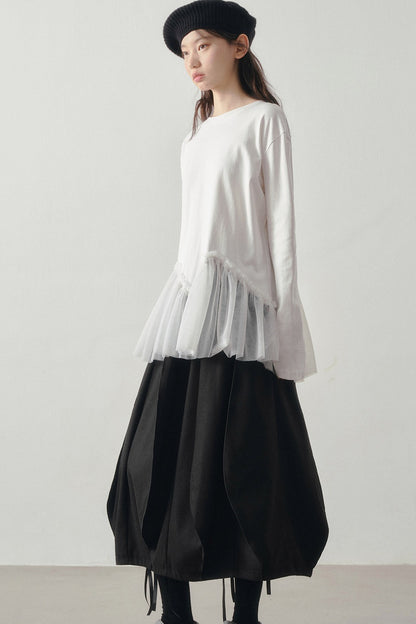 Wavy Hem Mesh Long Sleeve Top