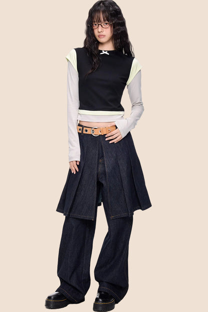 Color-Blocked Bow Long-Sleeve T-shirt