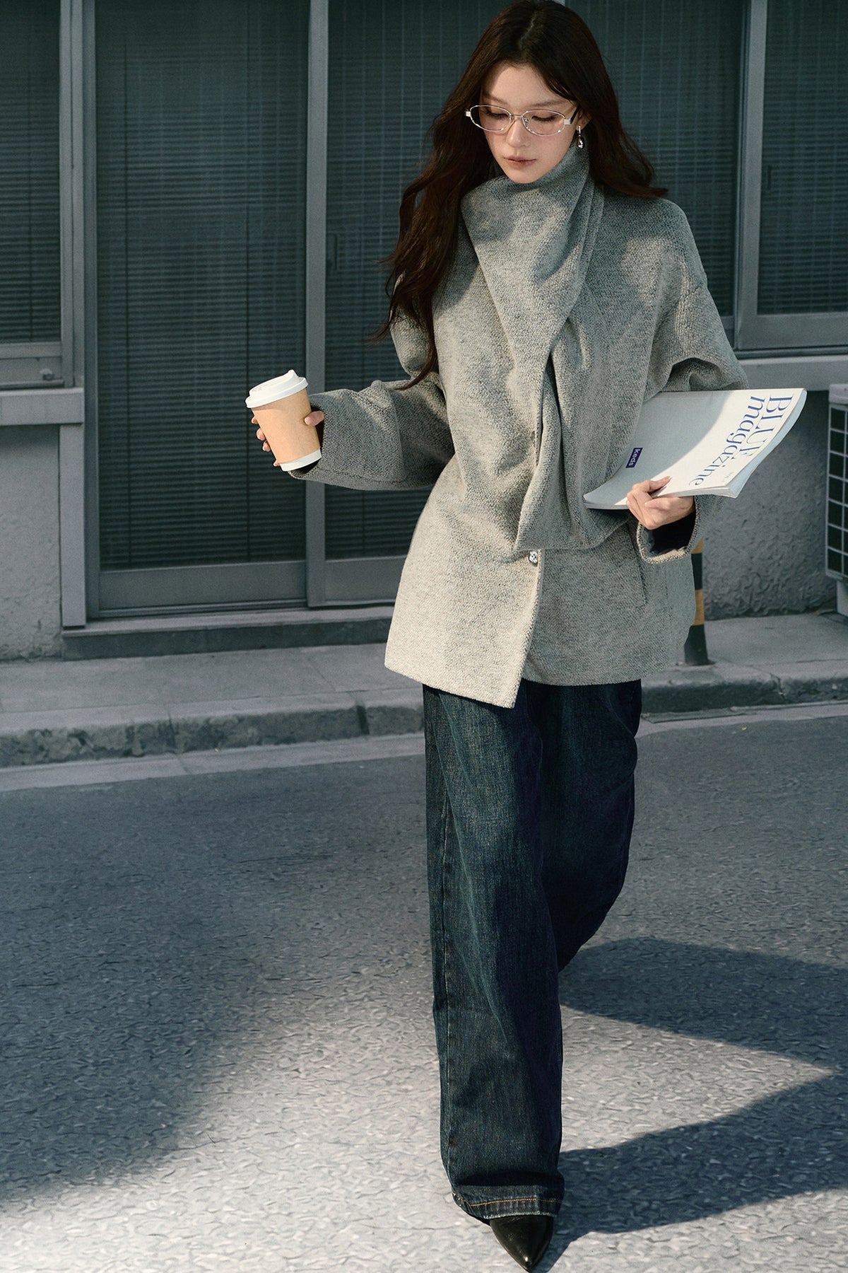 Asymmetrical Scarf Collar Woolen Jacket