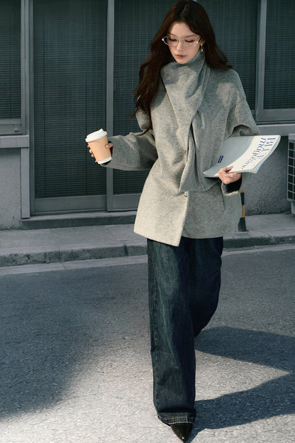 Asymmetrical Scarf Collar Woolen Jacket