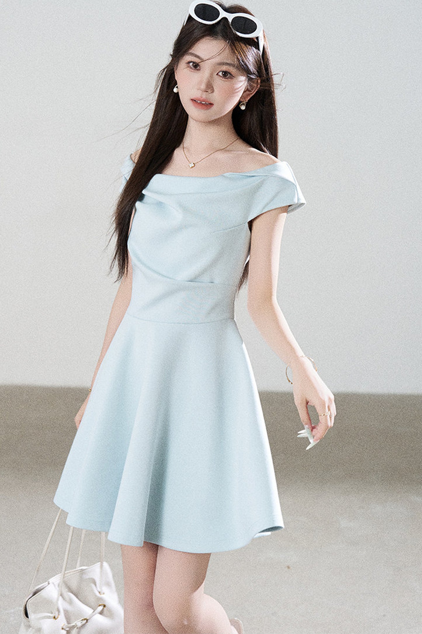 Lake Green Tencel Off-Shoulder A-Line Dress