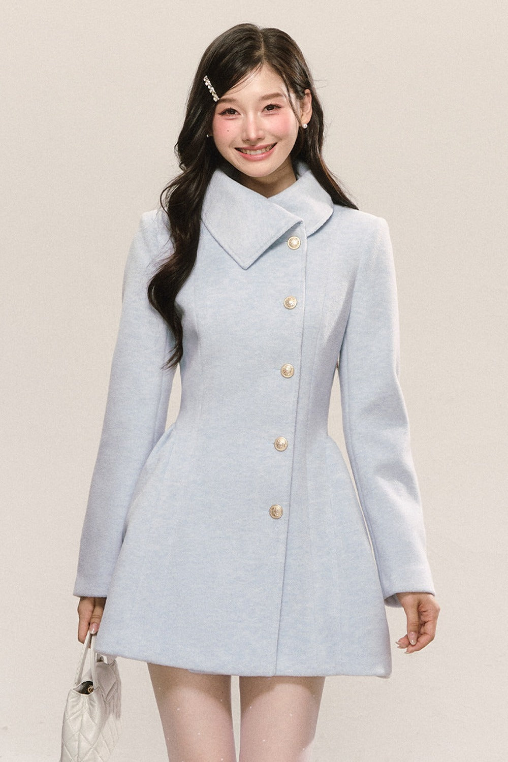 Blue Pleated Woolen Coat Dress