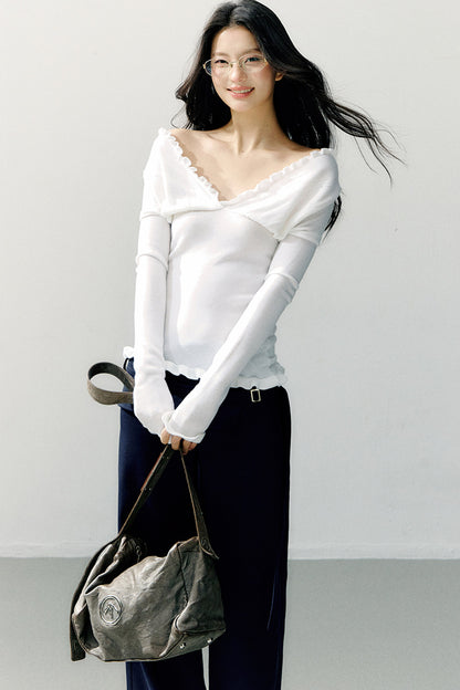 Ruffle-Trimmed Off-Shoulder Knit Top