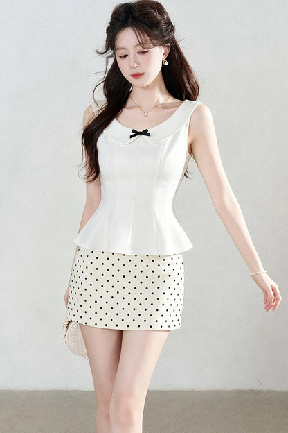 White Sleeveless Shirt and Polka Dot Skirt Set-Up