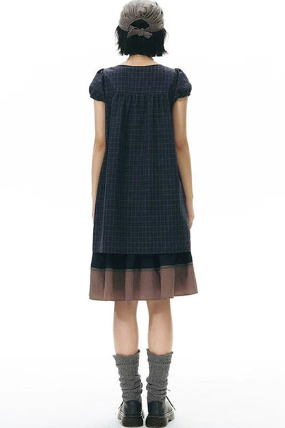 Plaid Puff Sleeve Babydoll Dress