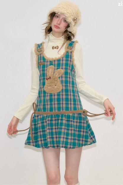 Plaid Bunny Pocket Vest Dress