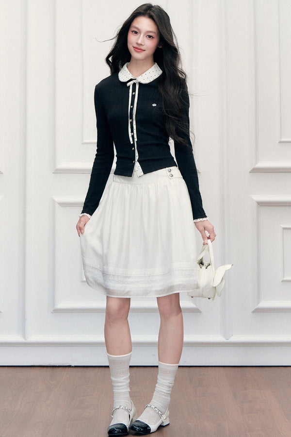 Polka Dot Patchwork Long Sleeve Knit Top and Skirt Set-Up