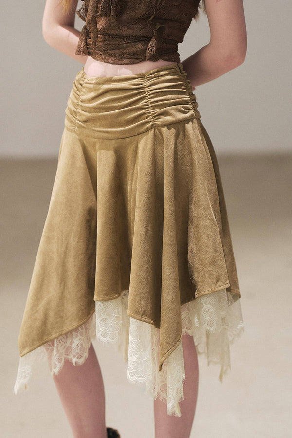 Irregular Faux Suede Lace Skirt