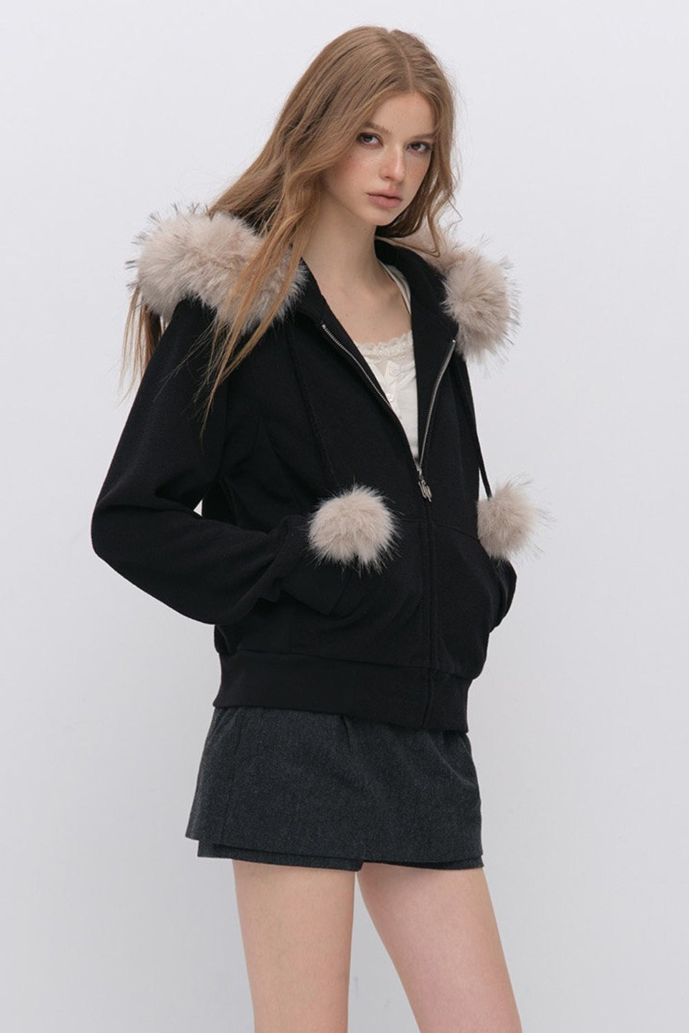 Fur Trim Hooded Sweatshirt and Sweatpants Set-Up