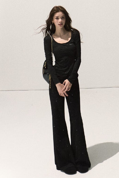 Silver-Embellished High-Waisted Wide-Leg Pants