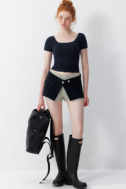 Faux Layered Denim Cargo Mini Skirt Pants