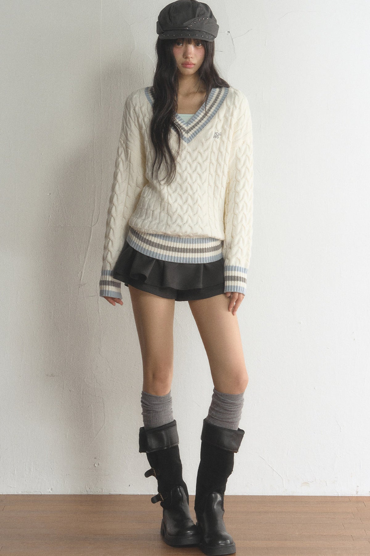 V-Neck Cable Knit Pullover Top and Pleated Skirt Set-Up