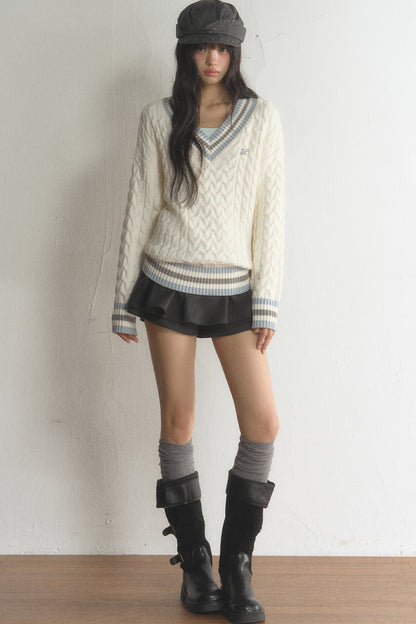 V-Neck Cable Knit Pullover Top and Pleated Skirt Set-Up