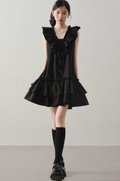 Ruffle V-Neck Tie Sleeveless Black Dress