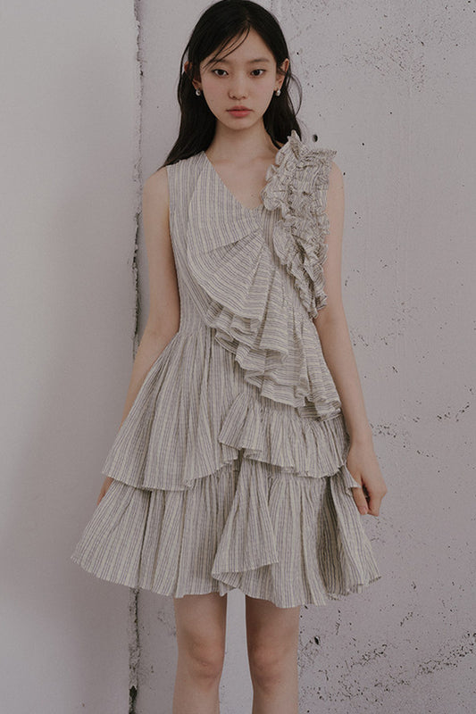 Textured Stripe Asymmetric Rüschen Dress