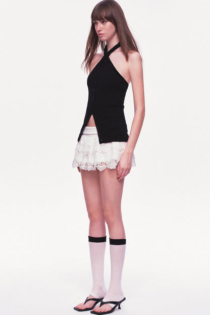 White Multi-Layered Ruffle Lace Mini Skirt