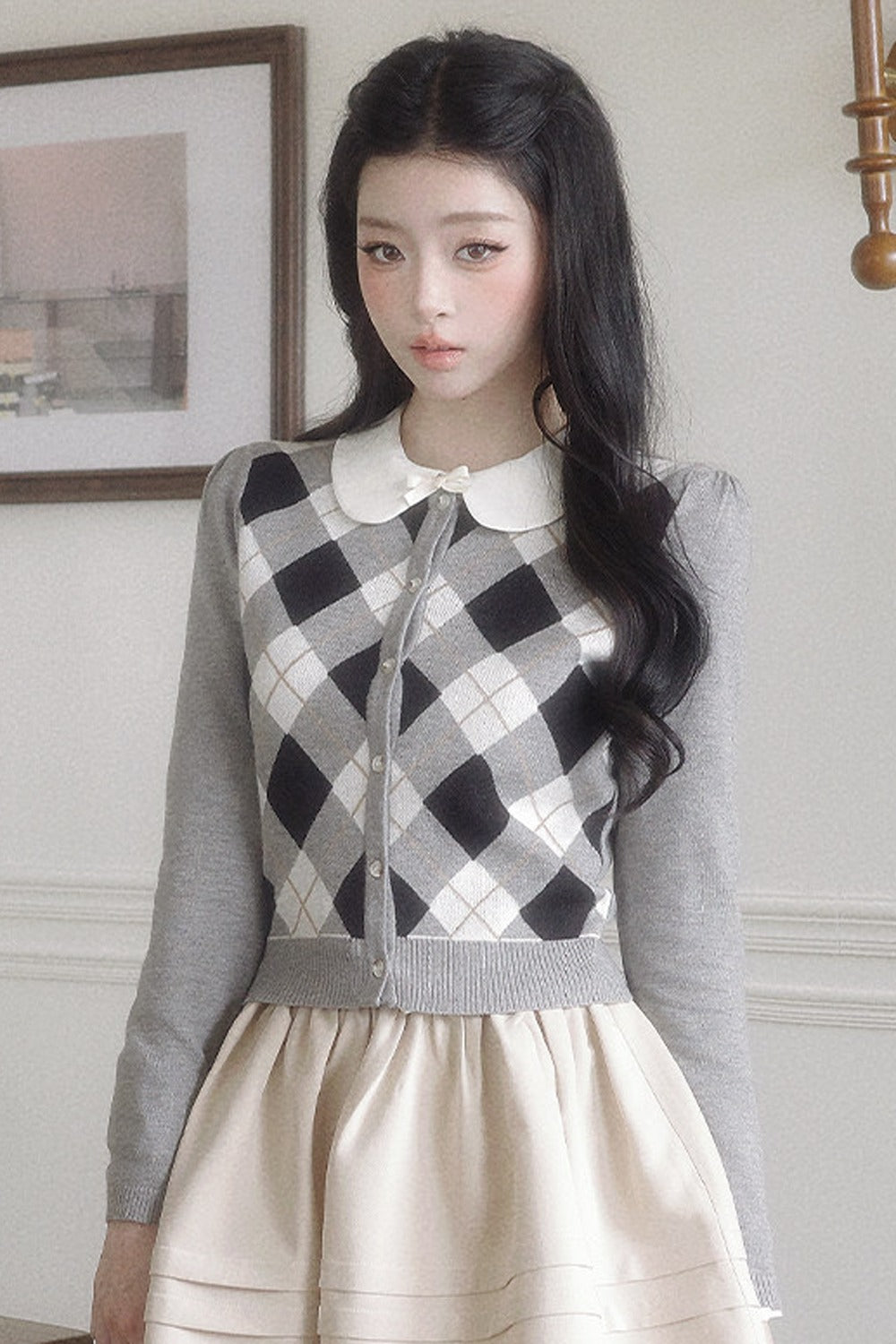Retro Diamond Knit Cardigan Set-Up