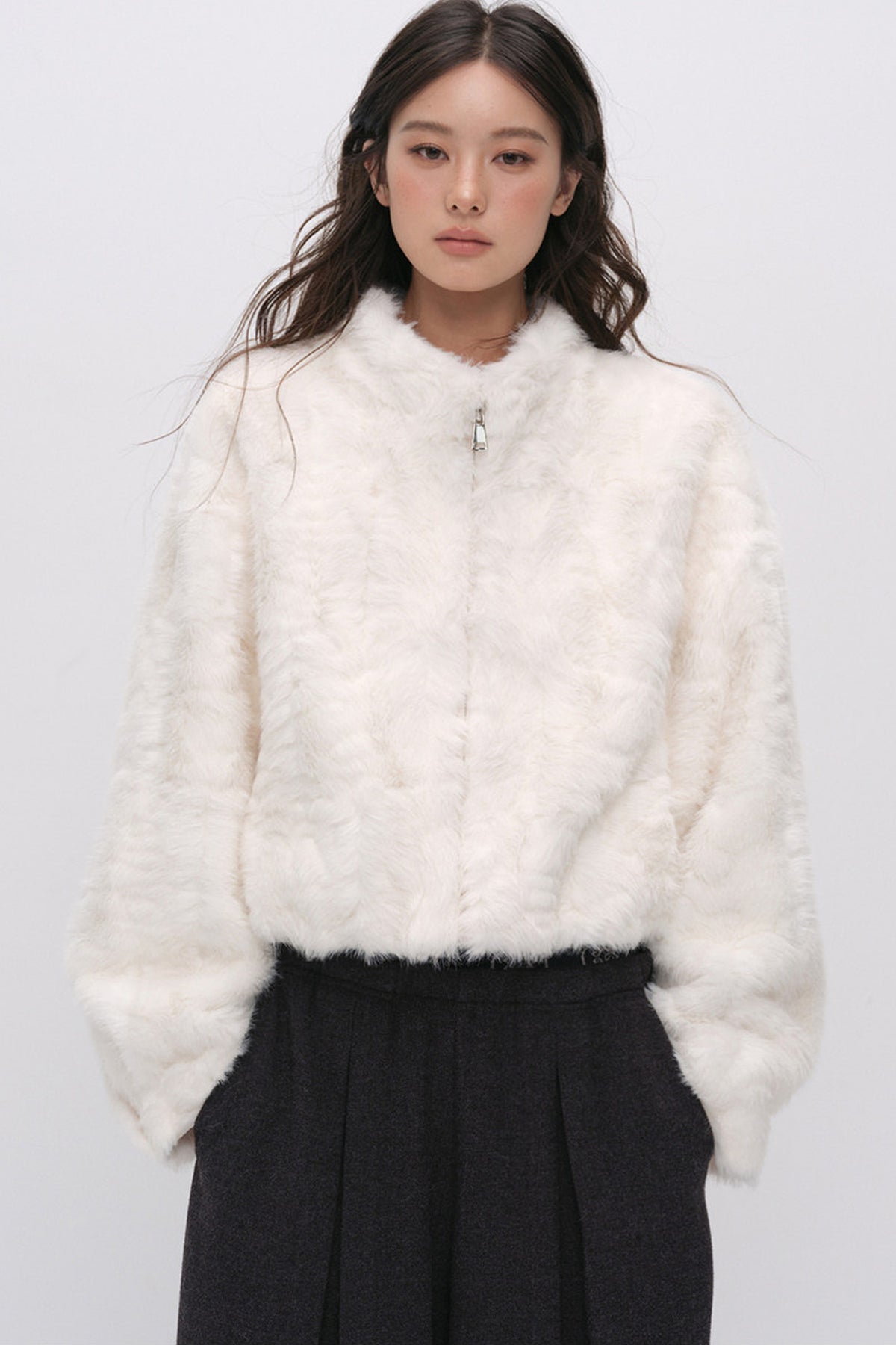 Stand Collar Faux Fur Jacket