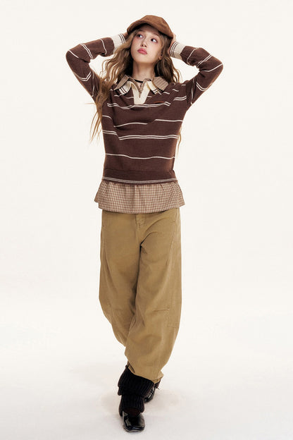 Striped Layered-Look Polo Sweater