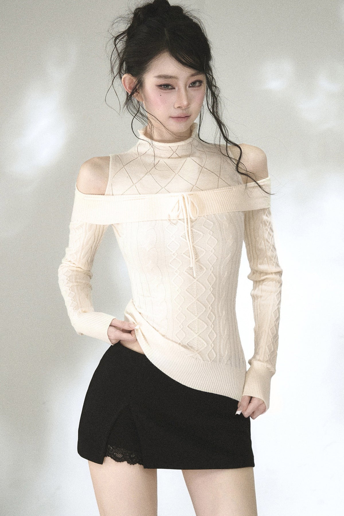 Hollow-Out Off-Shoulder Diamond Knit Top