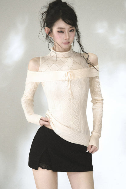 Hollow-Out Off-Shoulder Diamond Knit Top