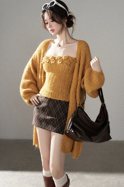High-Waisted Woolen Plaid Skirt