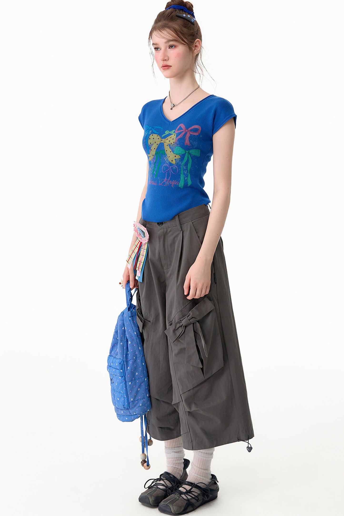 Bow Print V-Neck Short Sleeve T-Shirt