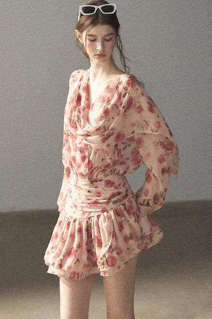 Puff Floral Chiffon Dress and Leggings Set