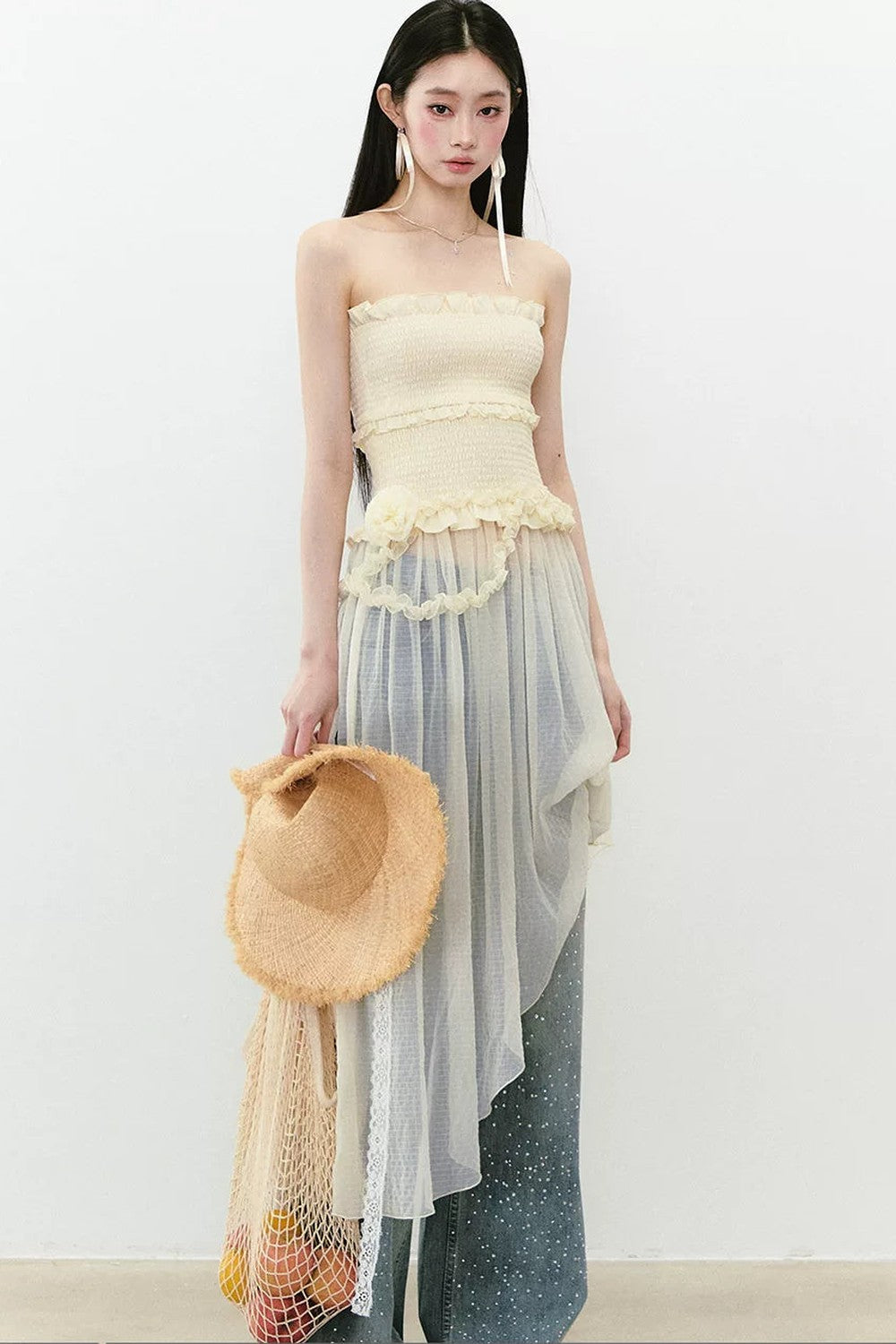Asymmetrical Strapless Mesh Dress