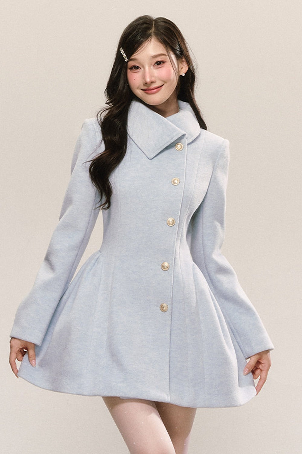 Blue Pleated Woolen Coat Dress