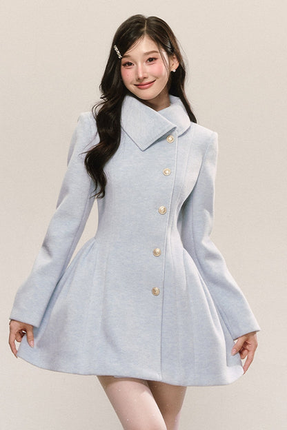 Blue Pleated Woolen Coat Dress