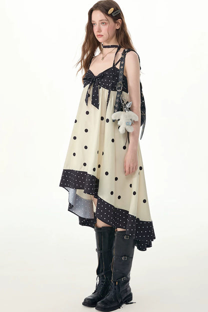 Black White Polka Dot Bow Suspender Dress