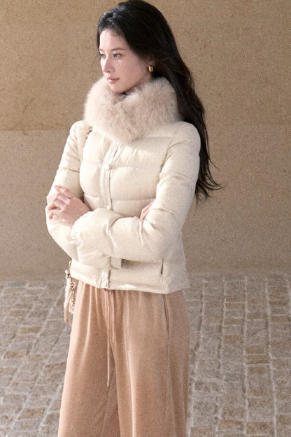 Detachable Fur Collar White Duck Down Jacket