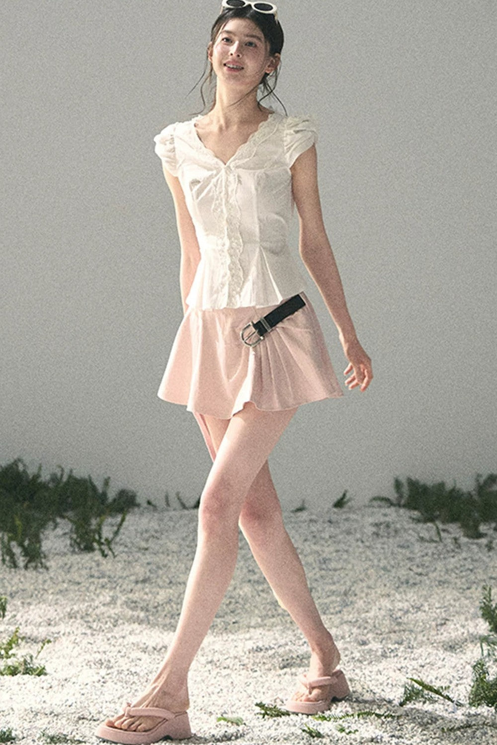 French V-Neck Lace Puff Sleeve Blouse