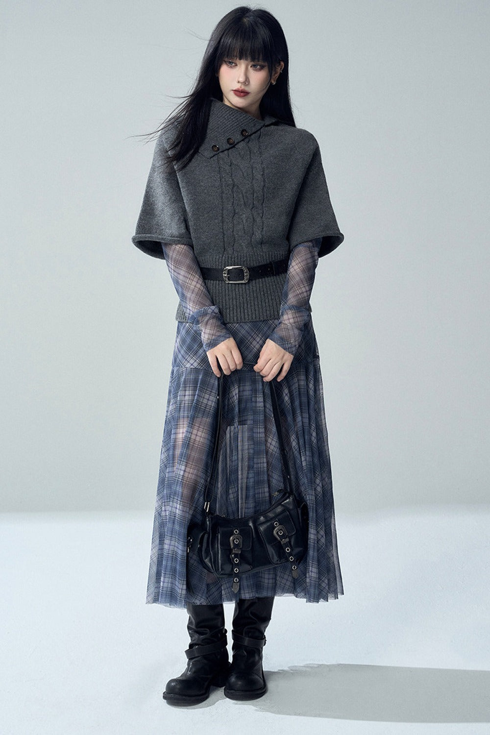 Blue Plaid Long Sleeve Dress Set