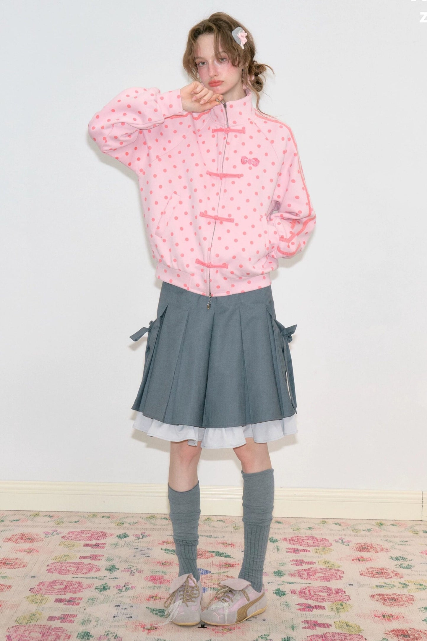 Pink Polka Dot Zipper Sweatshirt Jacket