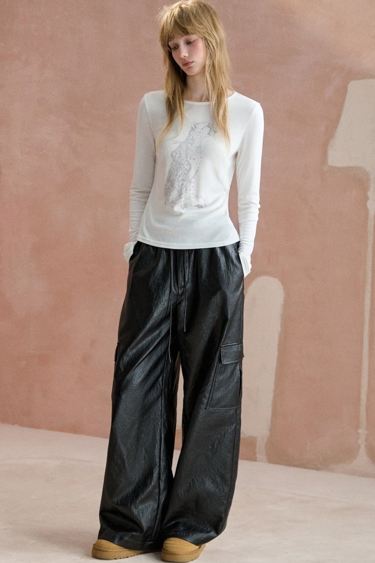Double-Waistband Leather Cargo Pants