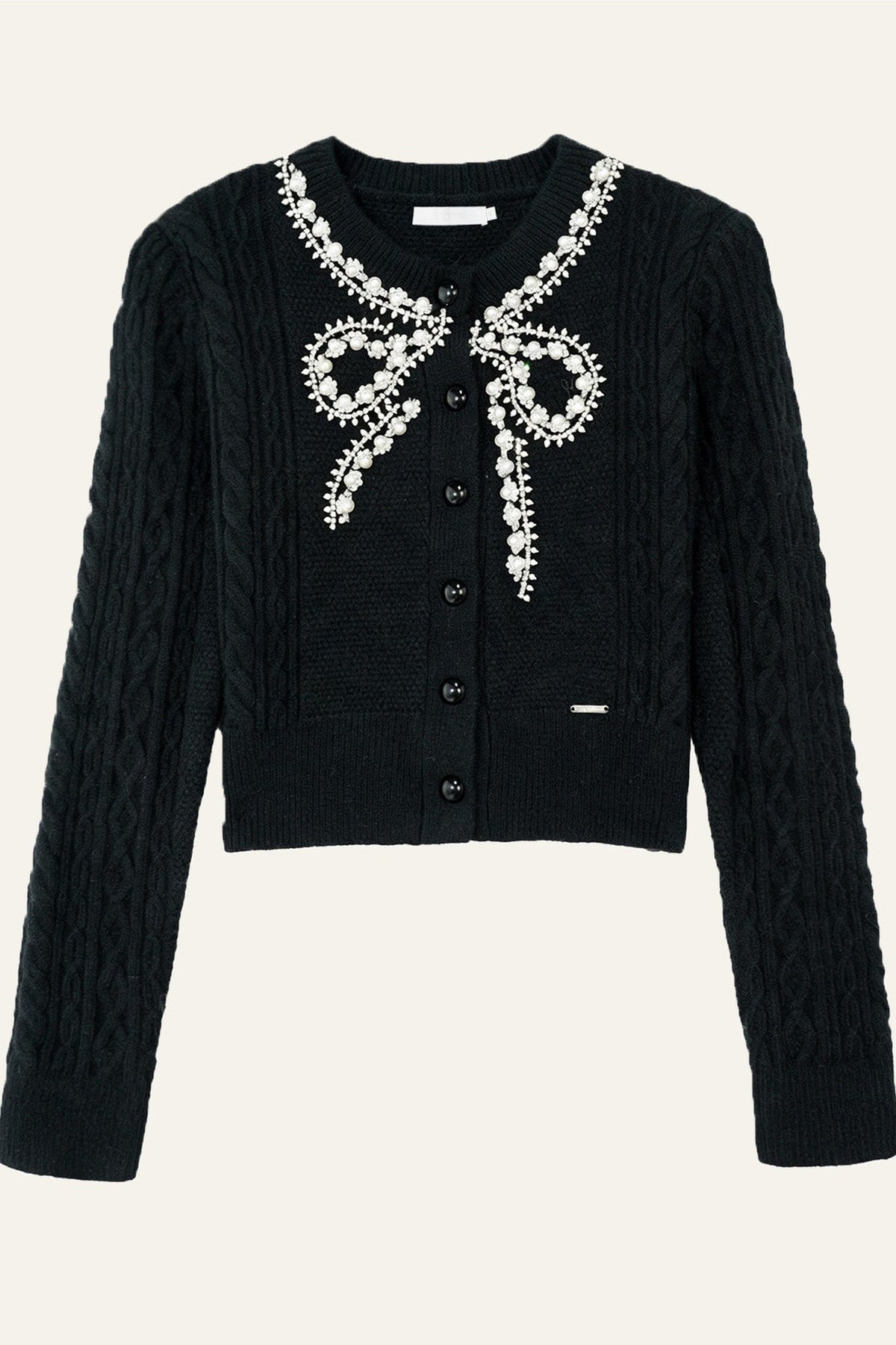 Rhinestone Pearl Bow Merino Cardigan Top