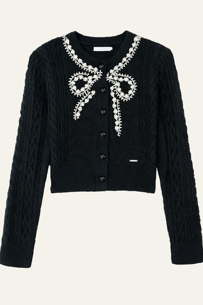 Rhinestone Pearl Bow Merino Cardigan Top