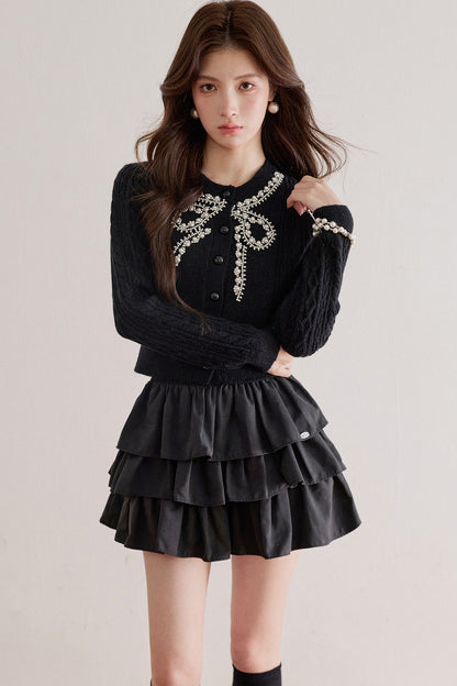 Rhinestone Pearl Bow Merino Cardigan Top
