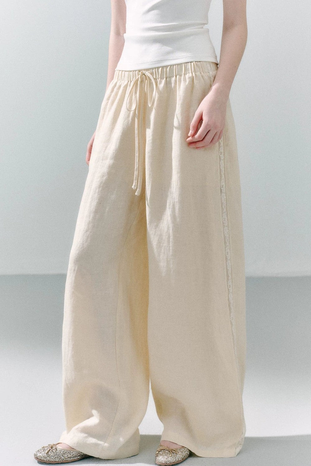 Pure Linen Lace-Trimmed Wide Leg Pants