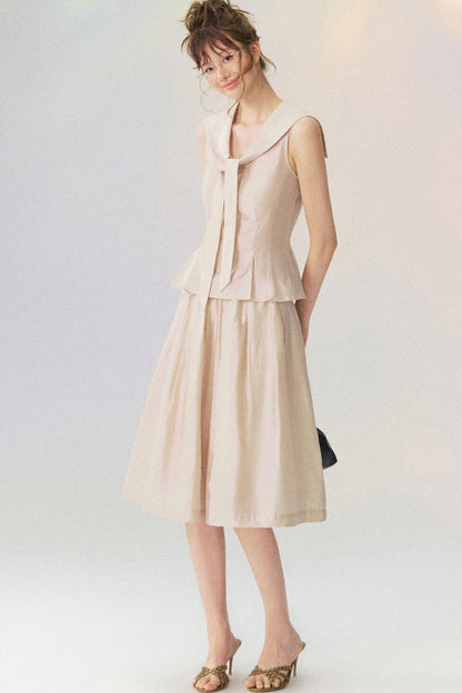Sleeveless Sailor Collar Shirt and Pleated Pants Set-Up