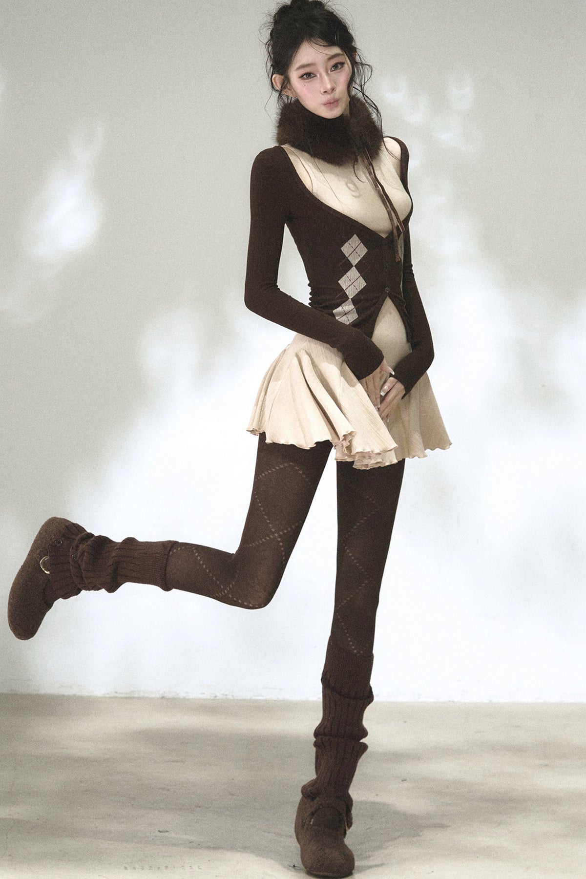 Vertical Striped Diamond Knit Cardigan and Ruffled Dress Set-Up