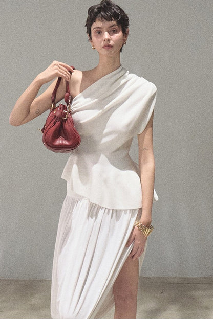 Irregular High-Waisted White Slit Skirt
