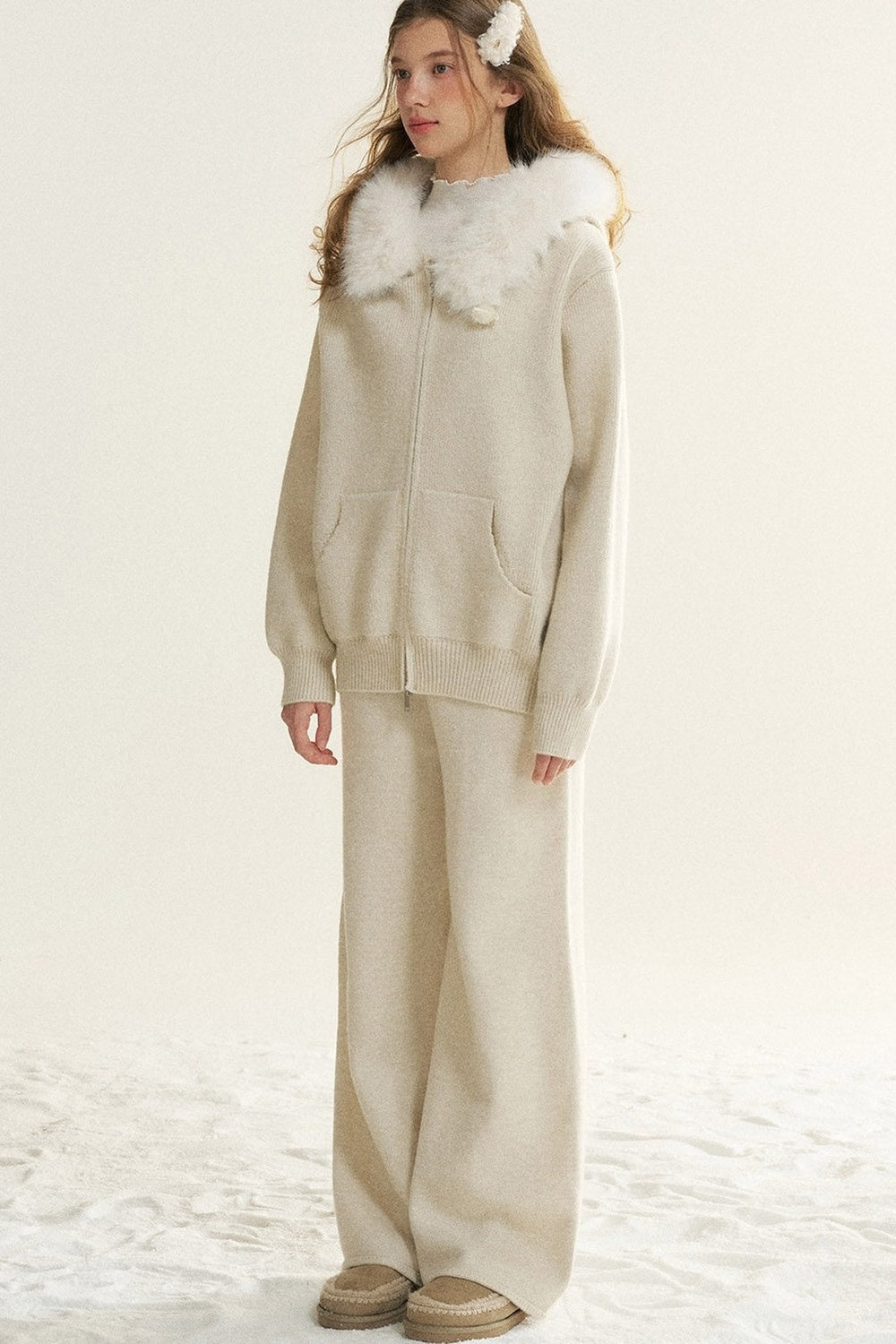 Detachable Fur Collar Hooded Jacket and Wide-Leg Pants Set-Up