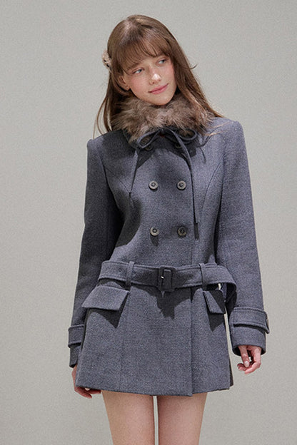 Double-Breasted Fur Collar Wool Coat