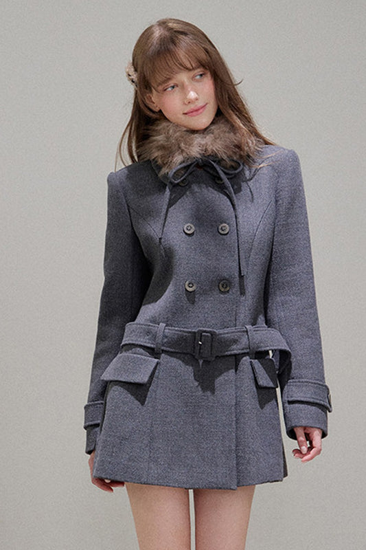 Double-Breasted Fur Collar Wool Coat